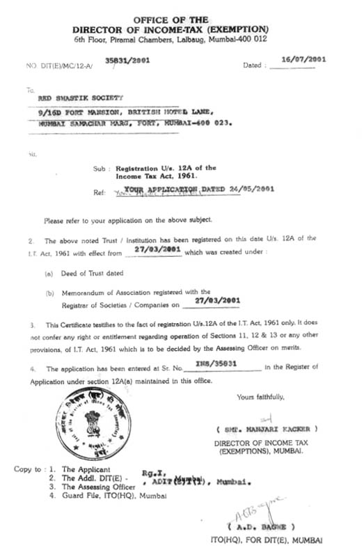 Certificate of Registration u/s 12A of the Income Tax Act. 1961