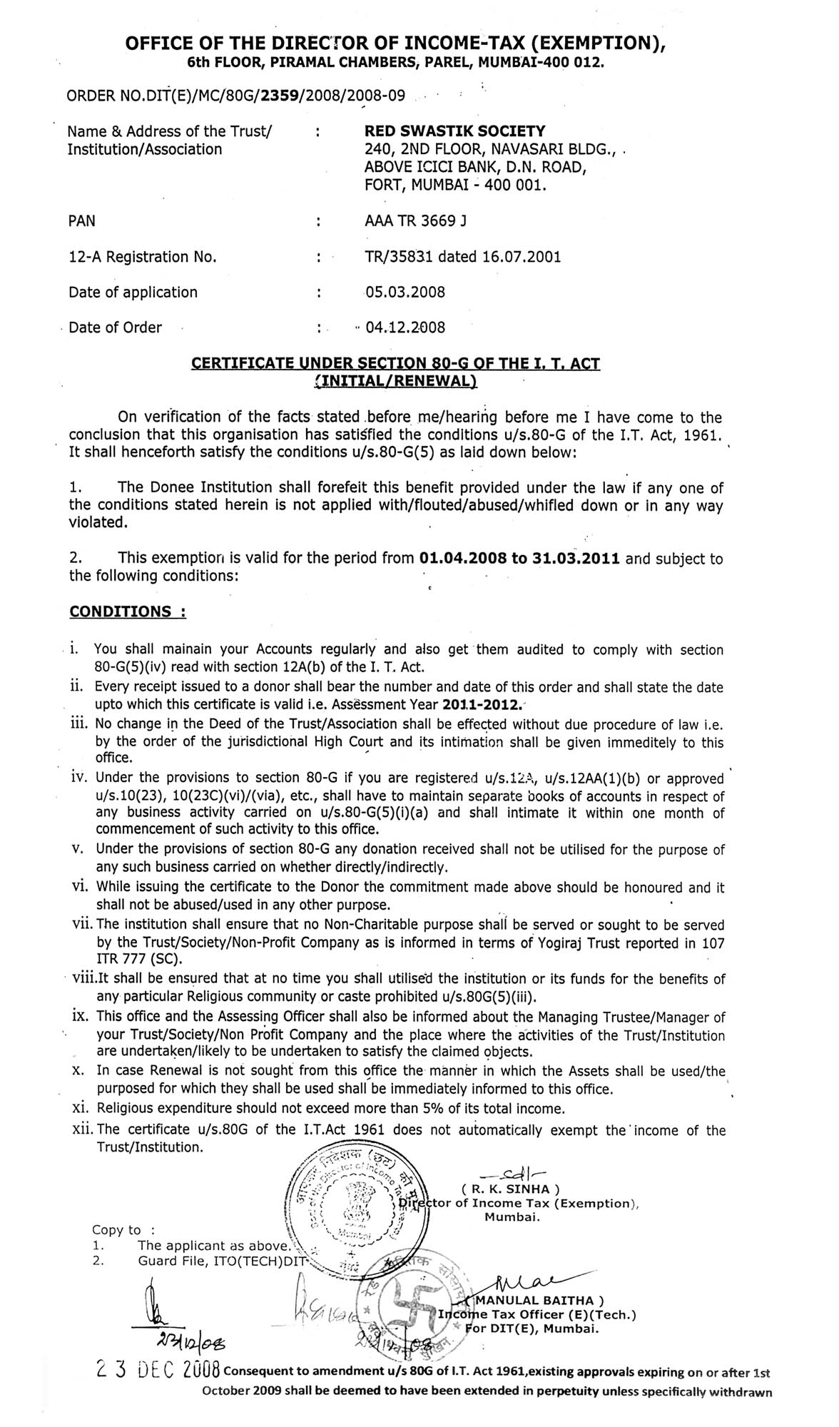Certificate u/s 80G of Income Tax Act till 2011 and onward